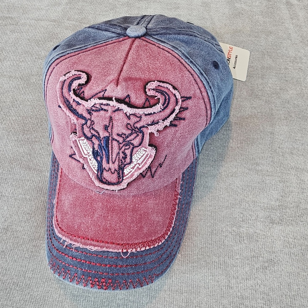 Cotton Washed Baseball Cap Denim Embroidered Bull Head Embroidered Strapback Hat
